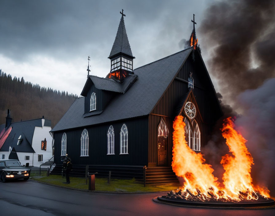 Traditional black church with steeple, fire, and observer in roadside scene