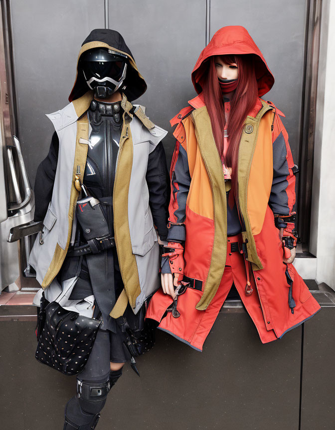 Two individuals in black and red futuristic costumes with helmets and hoods.