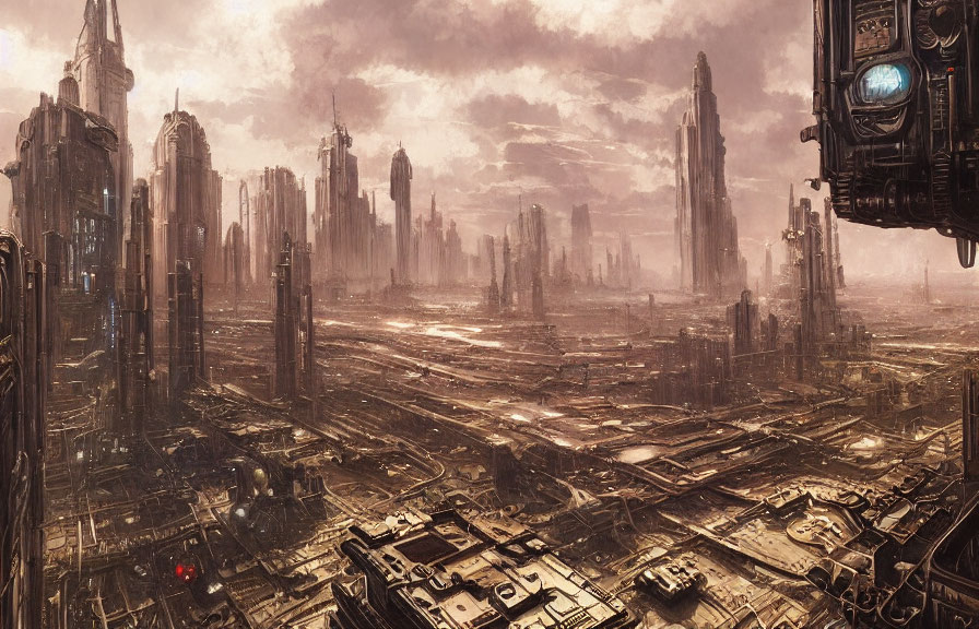 Futuristic dystopian cityscape with towering skyscrapers