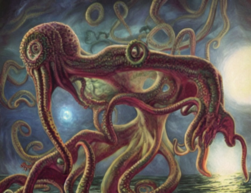 Detailed octopus illustration with intricate patterns in a moody setting.