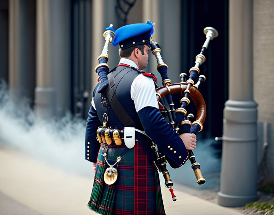 Traditional Scottish bagpiper in tartan kilt playing bagpipes with smoke.