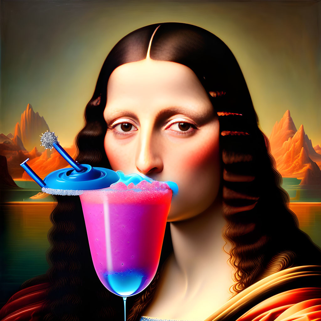 Surreal Mona Lisa portrait with cocktail and mountain backdrop