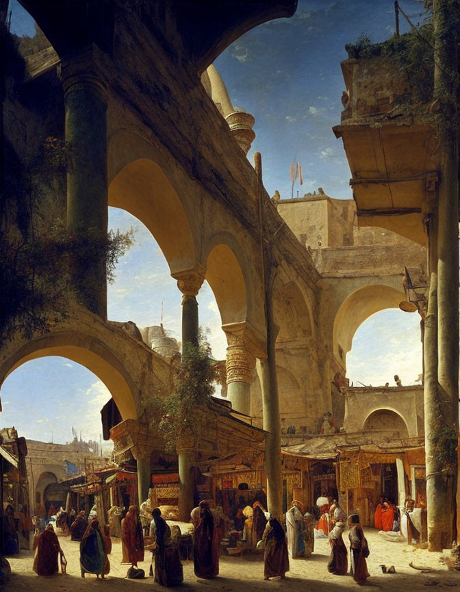 Vibrant Oriental market scene with traditional attire under arches