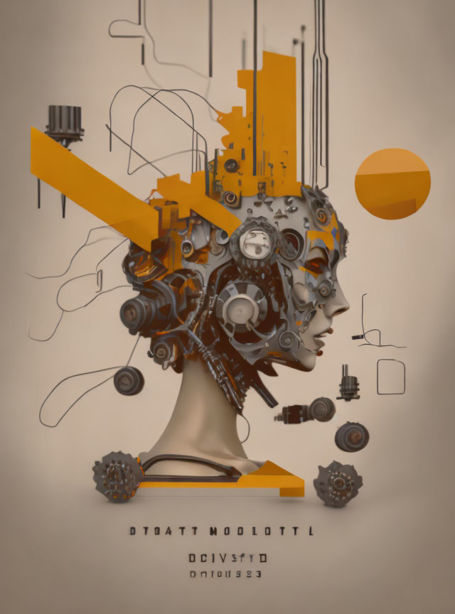 Surrealist artwork: Human head profile with mechanical and abstract elements