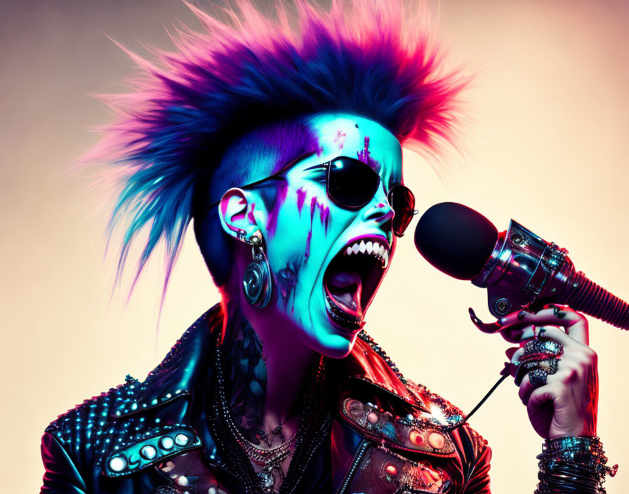 Vibrant punk hairstyle and face paint on person screaming into a microphone