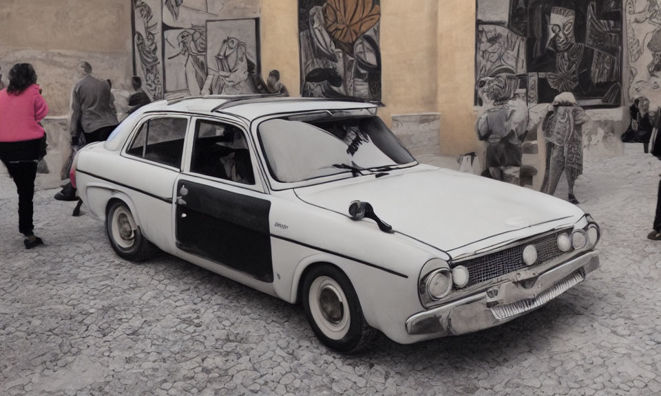 Monochrome vintage car in outdoor setting with art and people.