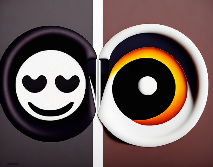 Stylized vinyl record designs: Smiling faces in black and white and color, separated by white