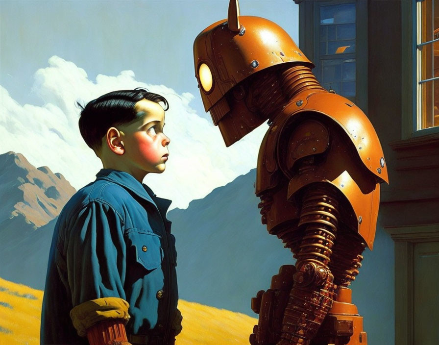 Young boy and copper-toned robot connect in field under blue sky