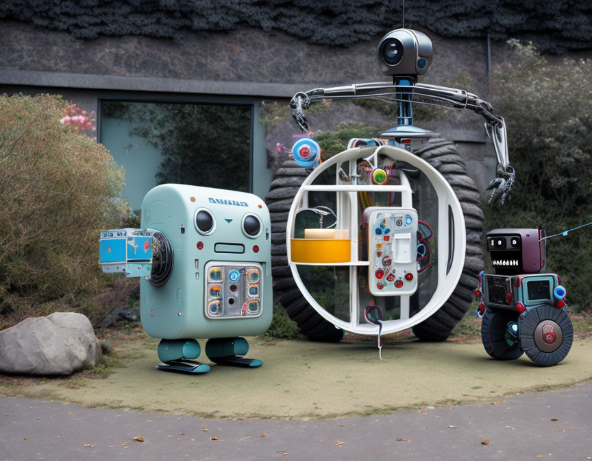 Three whimsical robots with diverse designs standing outdoors.