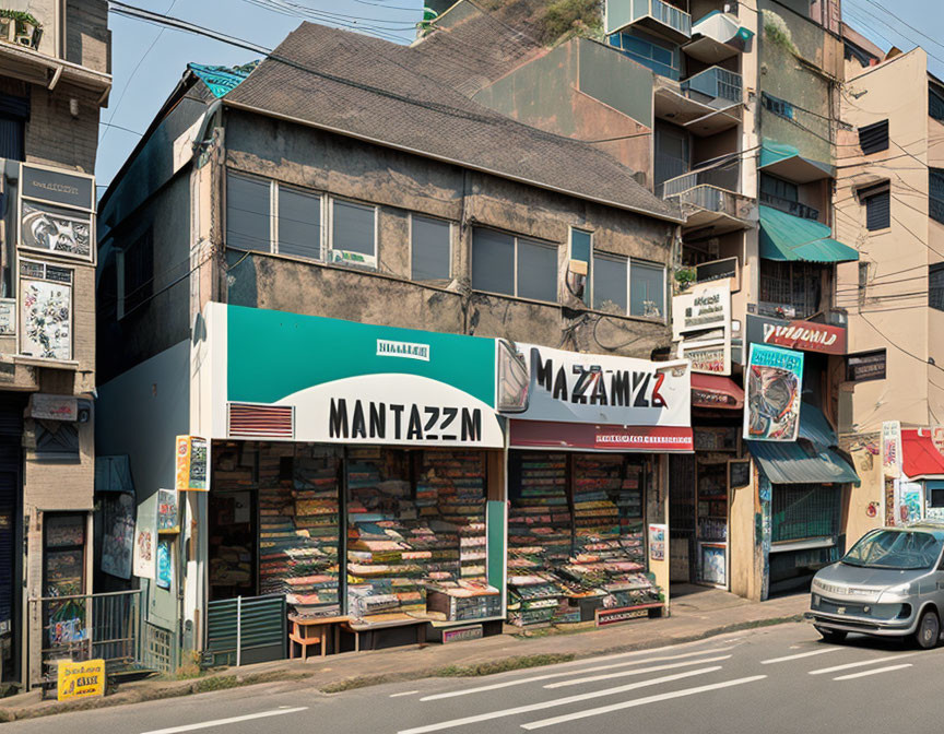 Two-story corner building with ground floor fruit and vegetable market on sunny street.