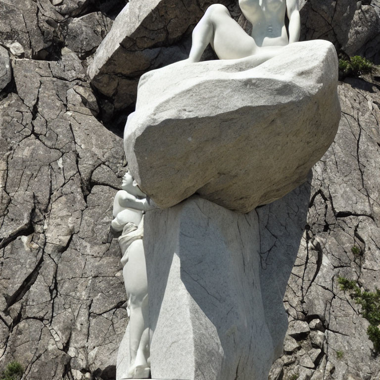 Sculptures of people supporting a large balanced boulder