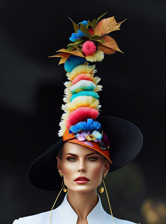 Striking Makeup Woman in Large Black Hat with Colorful Feathers