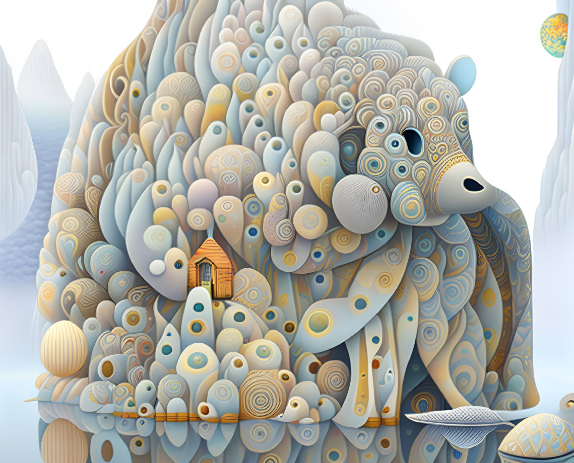 Whimsical bear landscape illustration with integrated house and trees