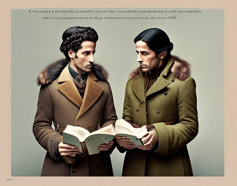 Two men in vintage clothing with open book, brown and green attire