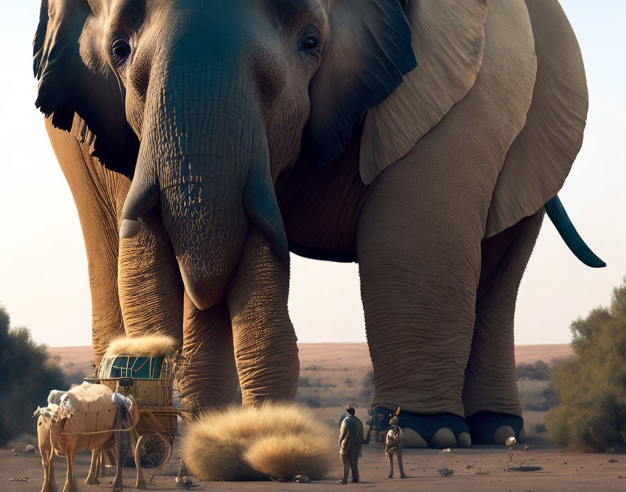 African elephants in desert landscape with person, camels, and carriage