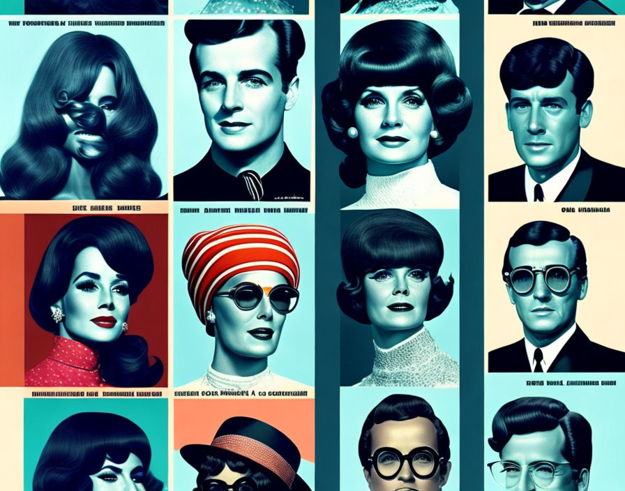 Stylized collage of eight retro portraits against blue and red backdrops