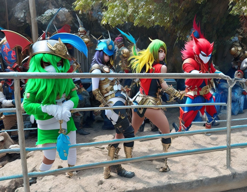 Group of people in detailed warrior cosplay with masks, armor, and weapons posing.