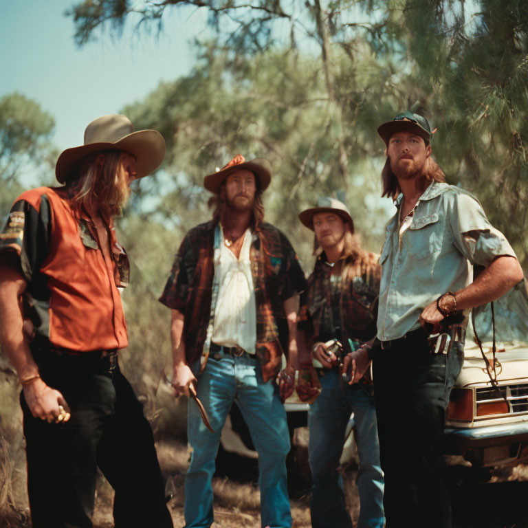 Four men in cowboy hats and rugged attire near a pickup truck outdoors.