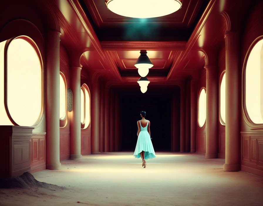 Woman in white dress in red corridor with arched windows and hanging lamps.