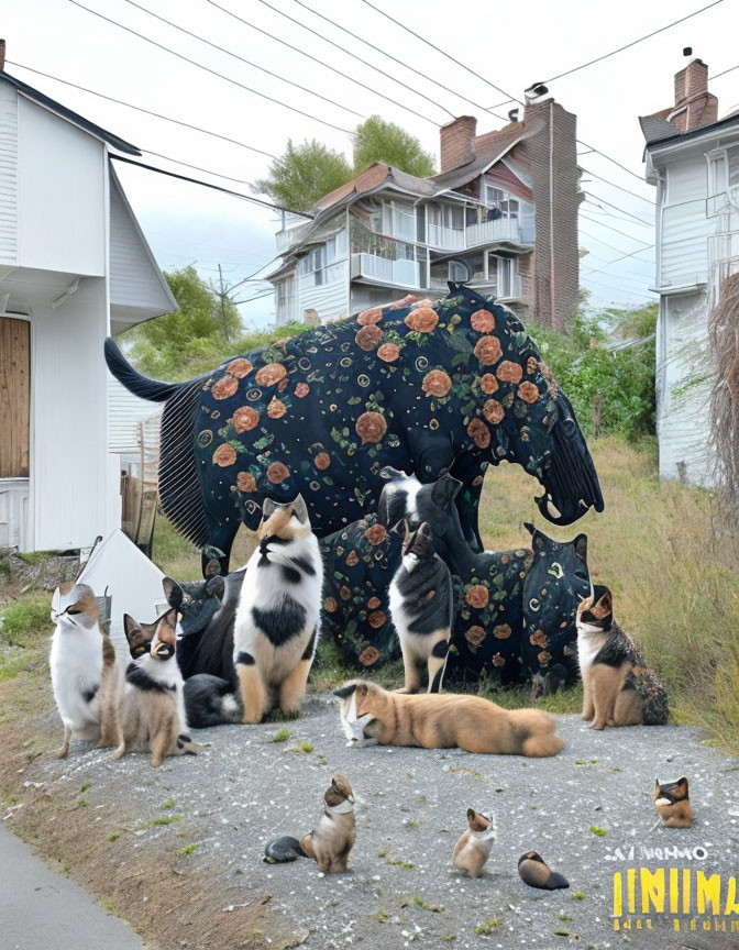 Gigantic black bear sculpture with floral patterns, Corgi dogs, and cats in urban alley