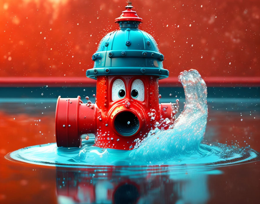 Whimsical red fire hydrant with cartoon eyes and mouth on red background