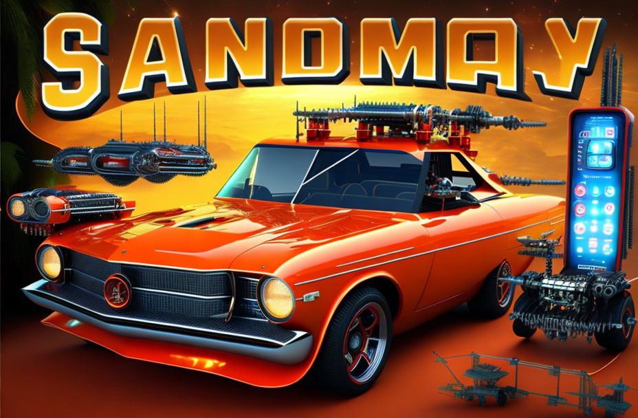 Vintage muscle car "SANDMAN" with futuristic vehicles in fiery sunset scene