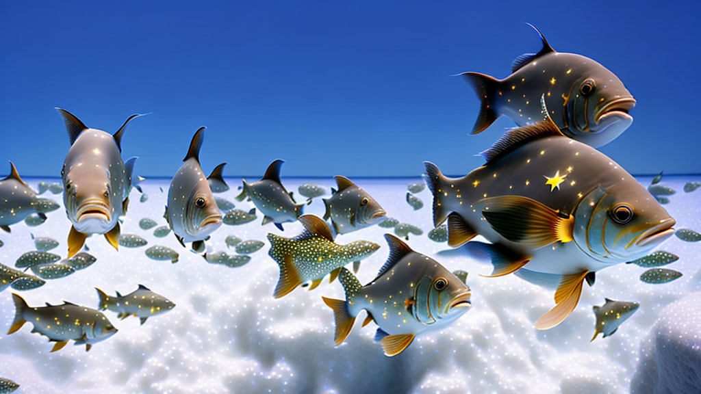 Whimsical star-patterned fish swimming above glittering seabed