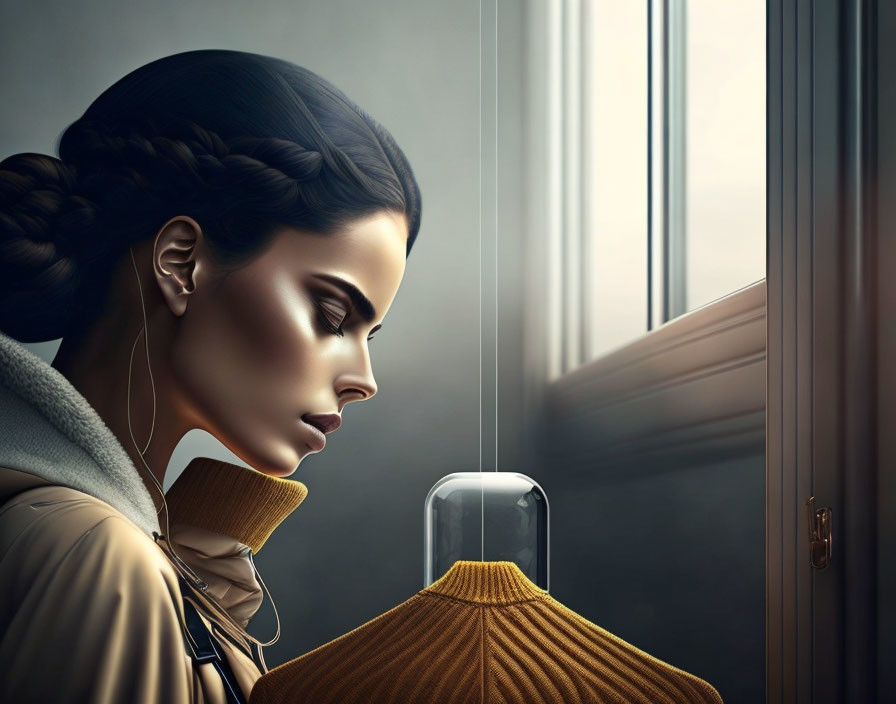 Braided Hair Woman in Headphones Reflecting by Window