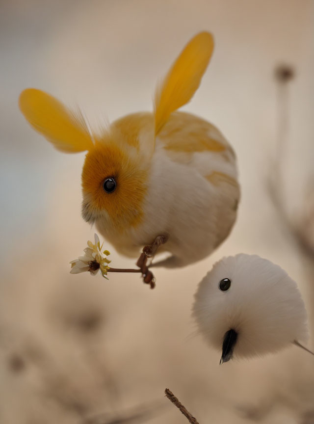 Two fluffy creatures with bird wings and rabbit heads on branches.