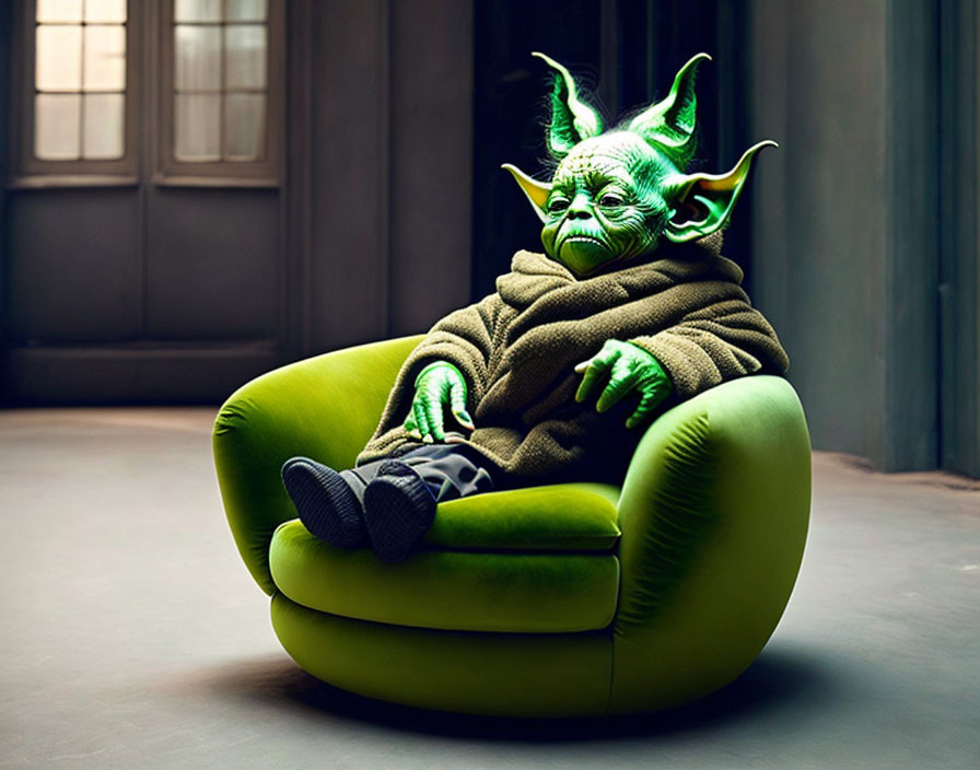 Green-skinned character in robe relaxes in armchair against dark room backdrop