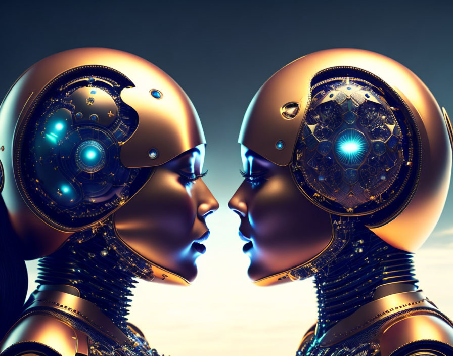 Golden humanoid robots with intricate designs facing each other at dusk