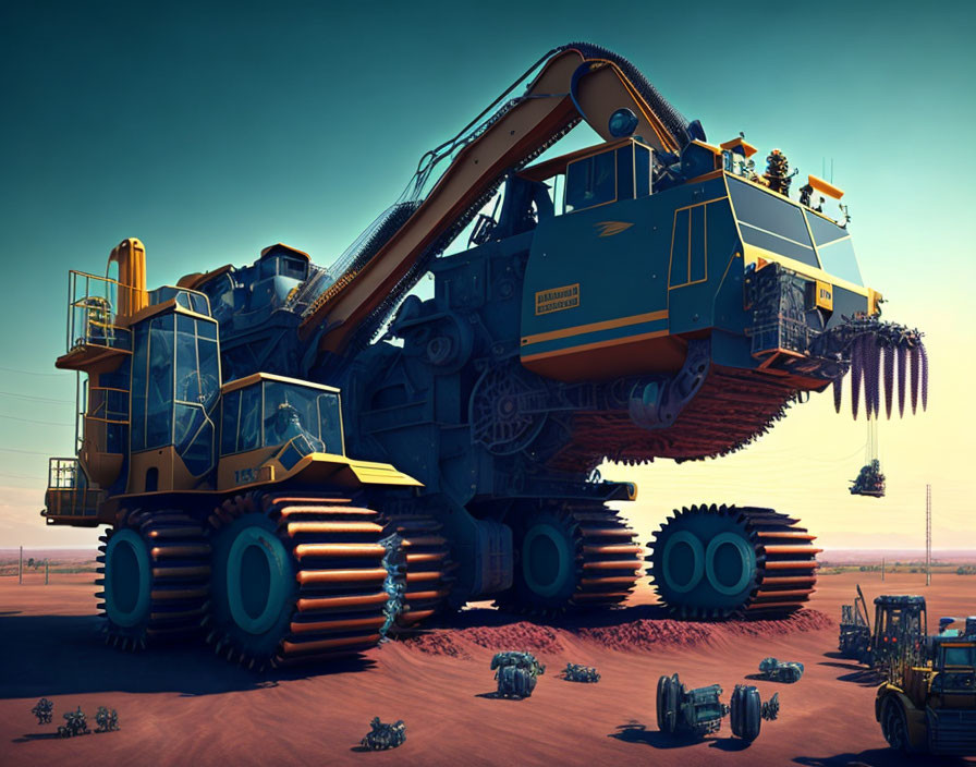 Blue and Yellow Mining Excavator in Barren Landscape