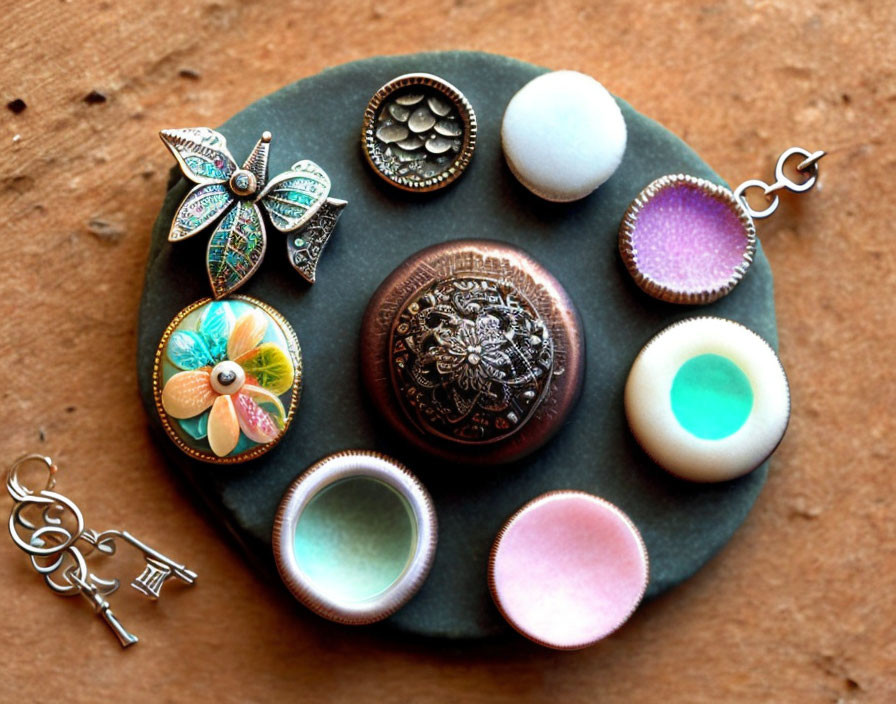 Assorted vintage buttons and trinkets on stone with rustic backdrop