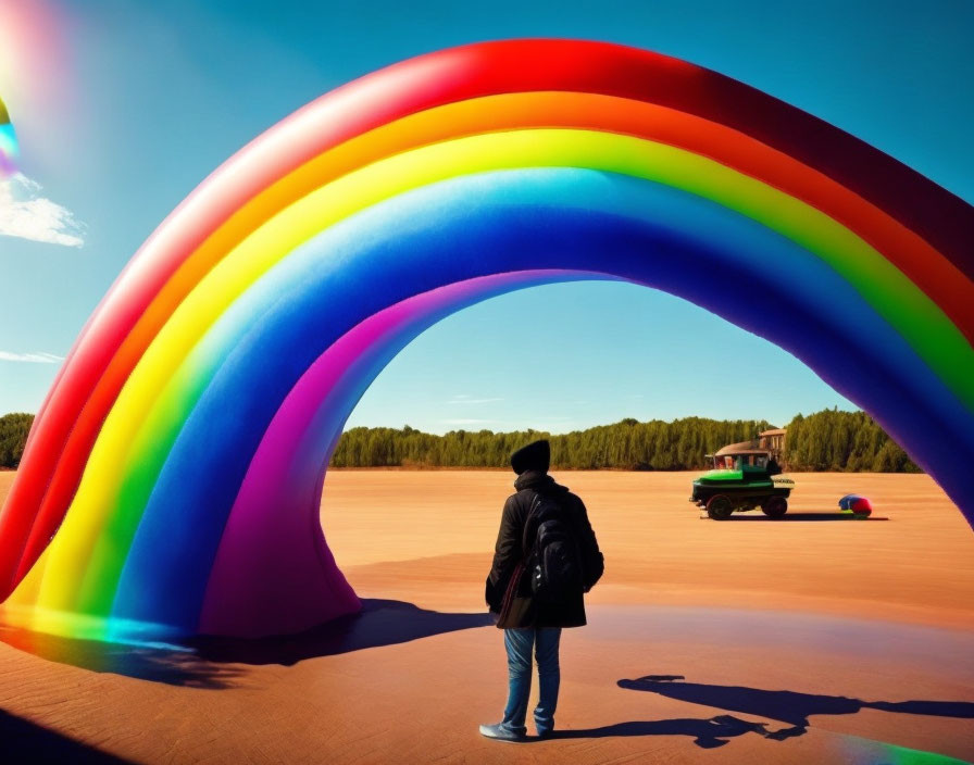 Person standing under vibrant rainbow arch on sandy terrain