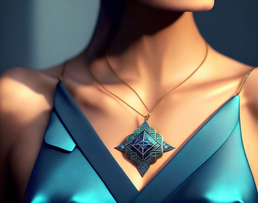 Geometric design pendant on thin chain worn with blue satin dress