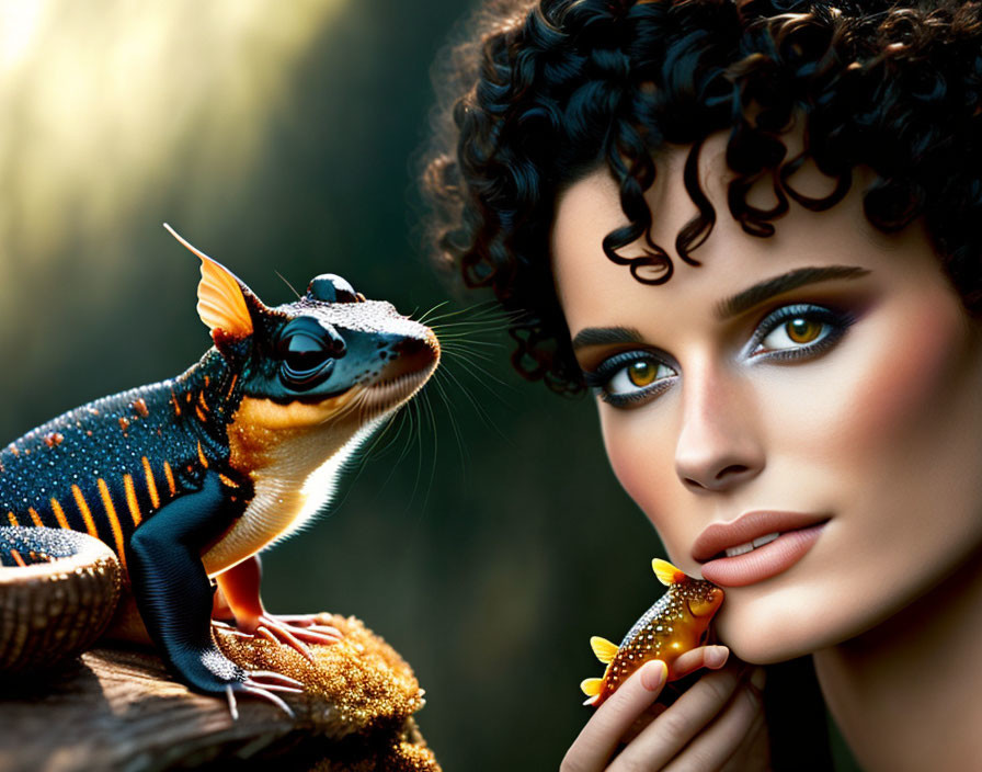 Curly-haired woman with striking makeup near colorful gecko in warm setting