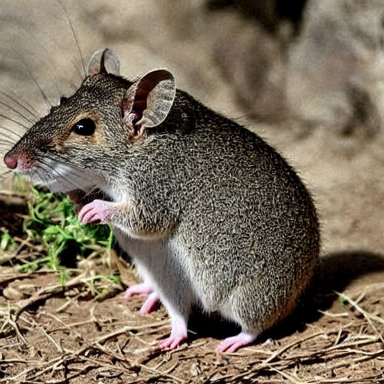 Gray-furred rodent with large ears and pink nose on dry ground