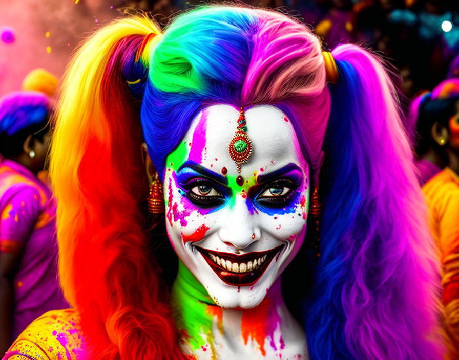 Vibrant portrait at Holi festival: colorful hair, bright face powder.