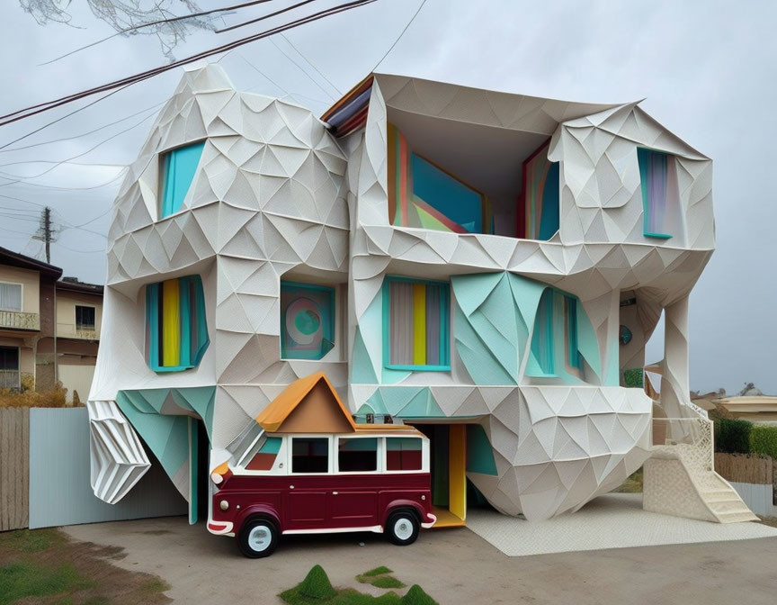 Geometric White Building with Colorful Windows and Vintage Van