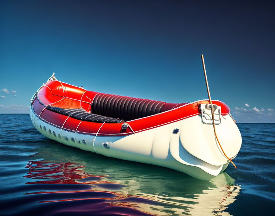 Red and White Inflatable Boat on Blue Ocean and Clear Sky