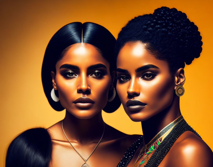 Two Women with Striking Makeup and Elegant Hairstyles Against Yellow Background