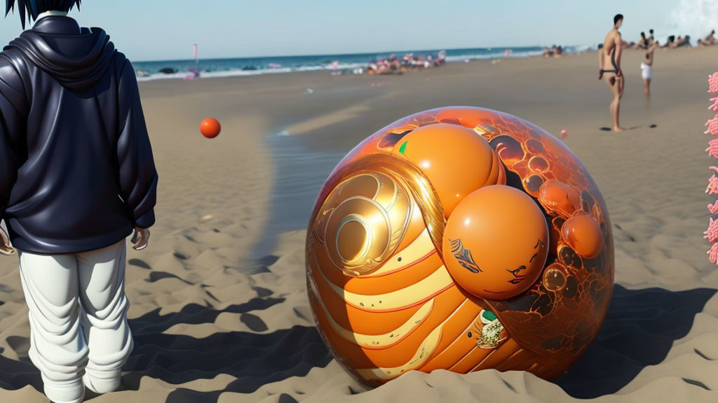 Hooded person with matryoshka doll on beach surrounded by beachgoers