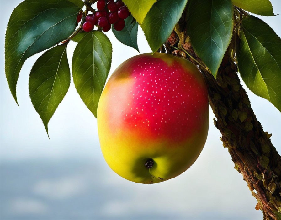 Vibrant red and yellow apple with green leaves and berries on branch.