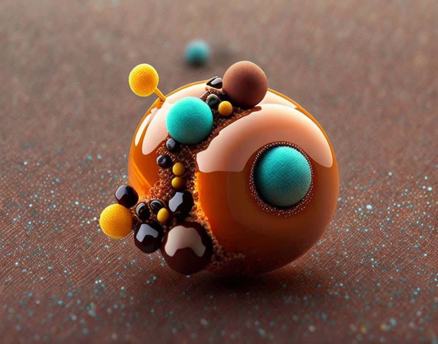 Smooth Caramel Sphere with Blue, Black, and Orange Spheres Pattern