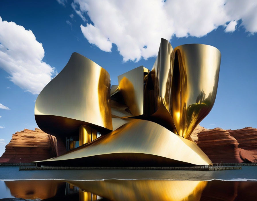 Golden futuristic structure reflected on water with red cliffs and blue sky