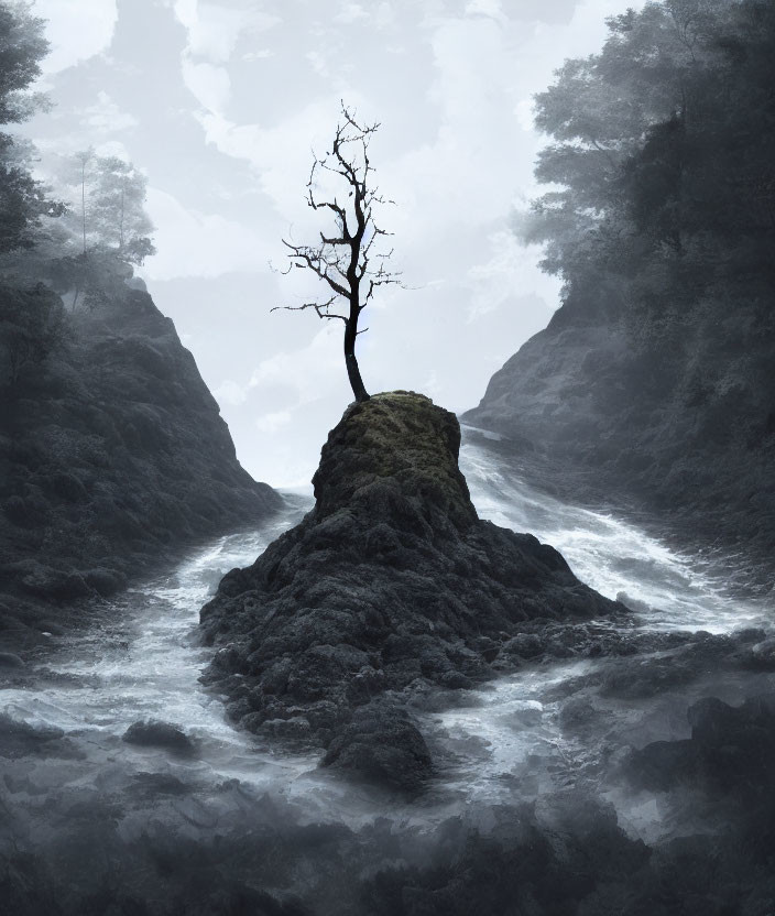 Leafless tree on rocky outcrop in misty landscape with flowing water.