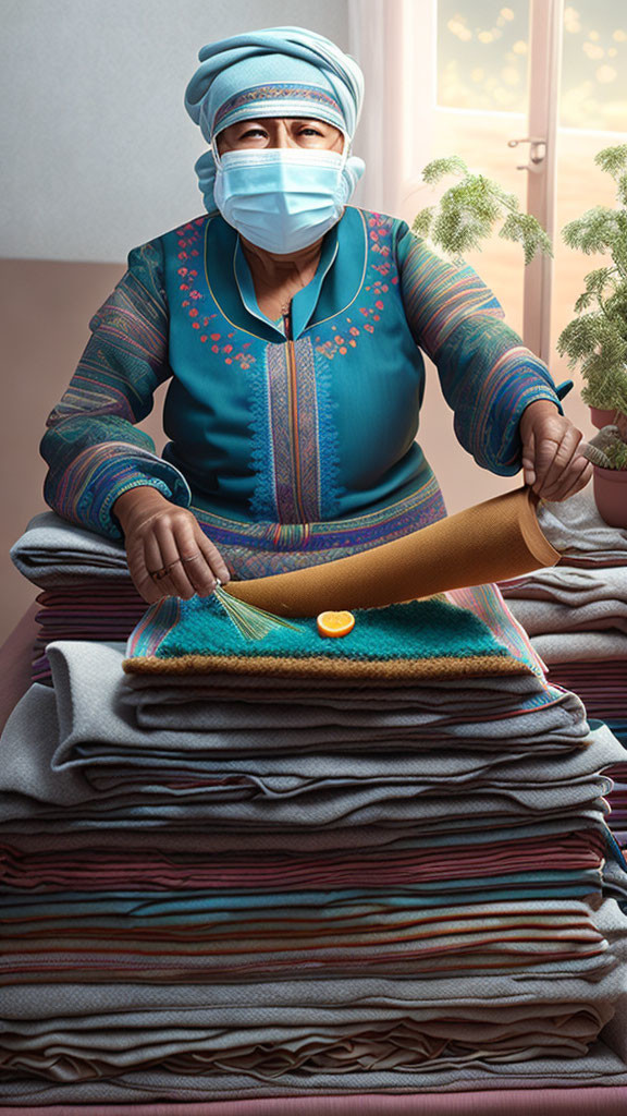 Woman in face mask folds fabrics in soft-lit room