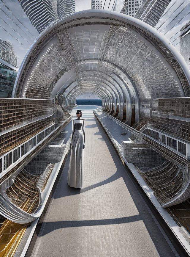 Futuristic outfit in modern tunnel with cityscape view