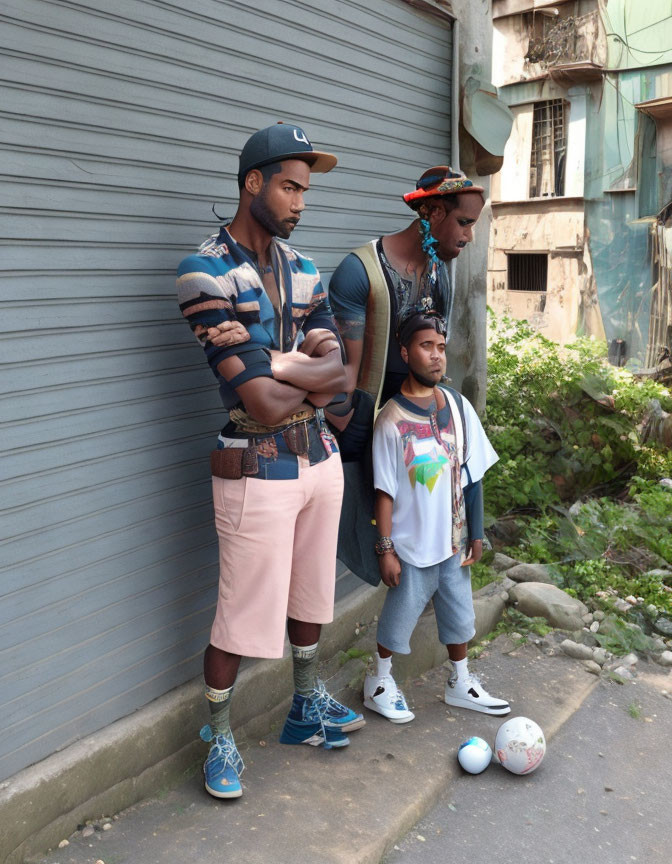 Three men in stylish attire with a soccer ball near a building.