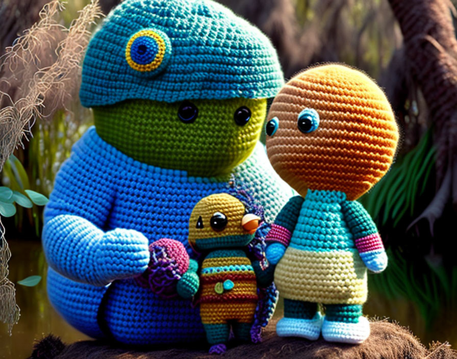 Colorful Crocheted Family Against Lush Plant Background